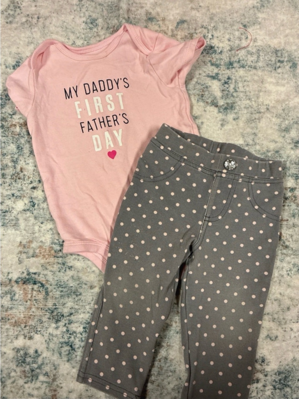 Carter's Pink "My Daddy's First Father's Day" Bodysuit with Gray Polka Dot Pants